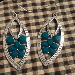 Premier Designs Silvertone Earrings w Teal Stones
